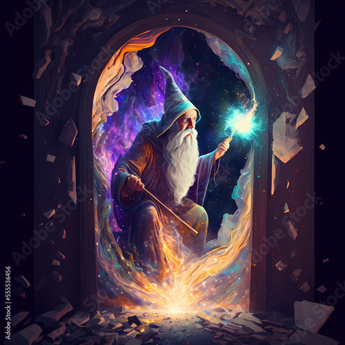 Wizard through a doorway - Generative AI photo