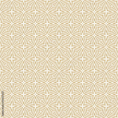 Golden vector geometric seamless pattern with lines, stripes. Stylish abstract gold striped ornament. Elegant vintage texture with diamonds, stars, rhombuses. Luxury geo background. Repeat design