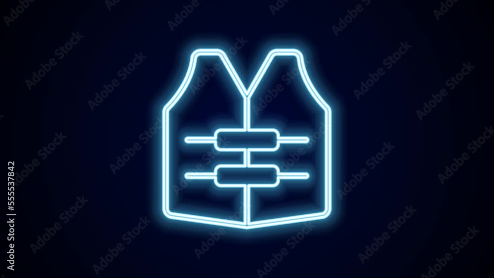 Glowing neon line Life jacket icon isolated on black background. Life vest icon. Extreme sport. Sport equipment. 4K Video motion graphic animation Glowing neon line Life jacket icon isolated on black background. Life vest icon. Extreme sport. Sport equipment. 4K Video motion graphic animation