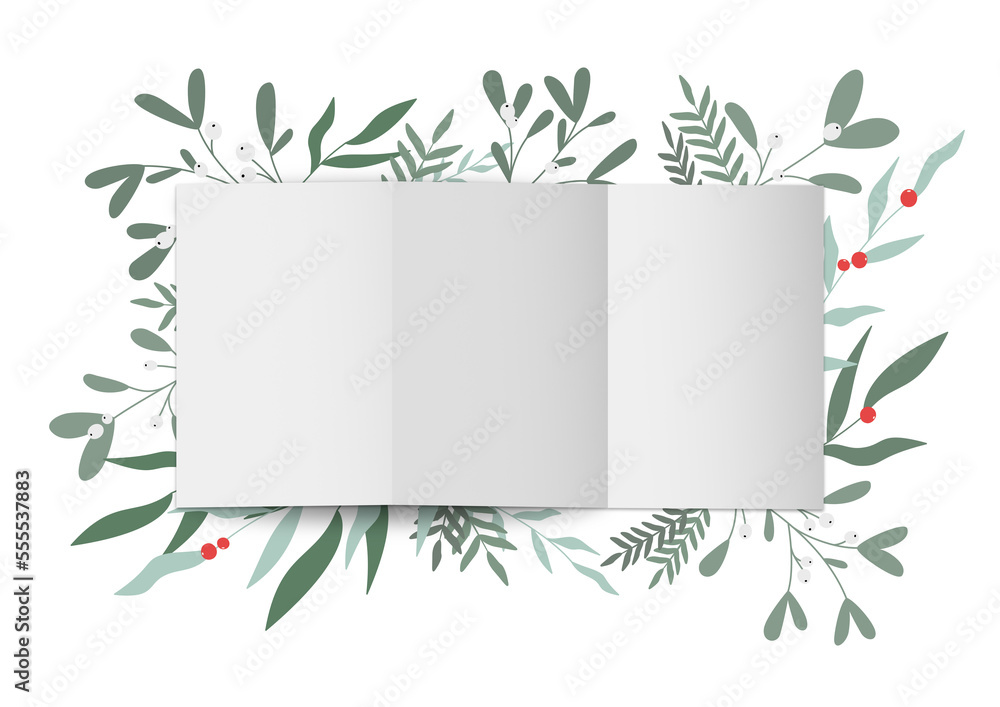 Świąteczna kompozycja zrobiona z kartki papieru, jemioły, zielonych gałązek i czerwonych jagód. List do Świętego Mikołaja albo kartka na Boże Narodzenie. Widok z góry - flat lay. - obrazy, fototapety, plakaty 