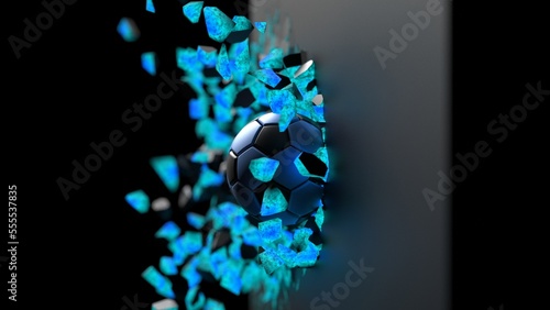 Black-blue soccer ball breaking with great force through black-blue illuminated wall under spot light background. 3D high quality rendering. 3D illustration. 3D CG.