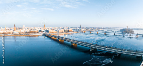 Aerial view of the winter Riga old town - the capital of Latvia. Beautiful winter over Riga.