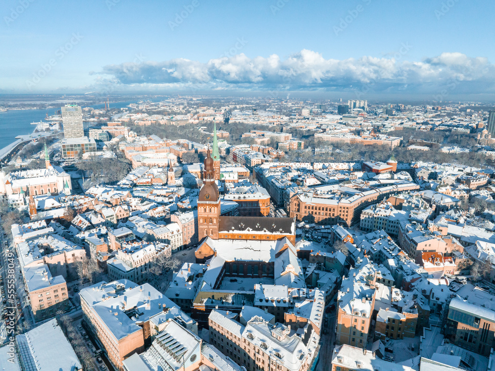Fototapeta premium Aerial view of the winter Riga old town - the capital of Latvia. Beautiful winter over Riga.