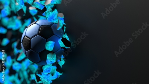 Fototapeta Naklejka Na Ścianę i Meble -  Black-blue soccer ball breaking with great force through black-blue illuminated wall under spot light background. 3D high quality rendering. 3D illustration. 3D CG.