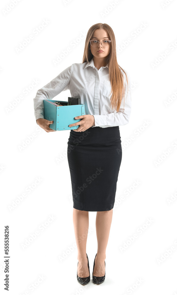 Fired young woman holding box with personal stuff on white background Fired young woman holding box with personal stuff on white background