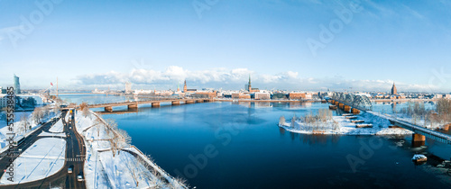 Aerial view of the winter Riga old town - the capital of Latvia. Beautiful winter over Riga.