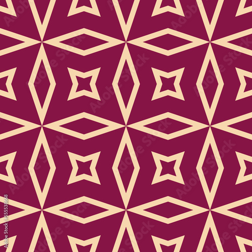 Abstract vector geometric seamless pattern. Simple minimal maroon and beige ornament texture with lines, diamonds, rhombuses, stars, grid. Luxury ornamental background. Repeat design for print, decor