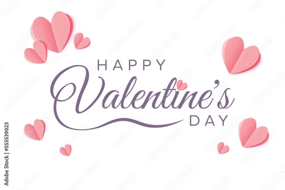 Happy Valentine's day blank background, beautiful paper cut 3d pink hearts on white background. Vector illustration. Papercut style.