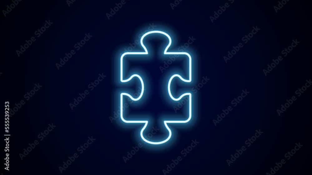 Glowing neon line Puzzle pieces toy icon isolated on black background. 4K Video motion graphic animation Glowing neon line Puzzle pieces toy icon isolated on black background. 4K Video motion graphic animation