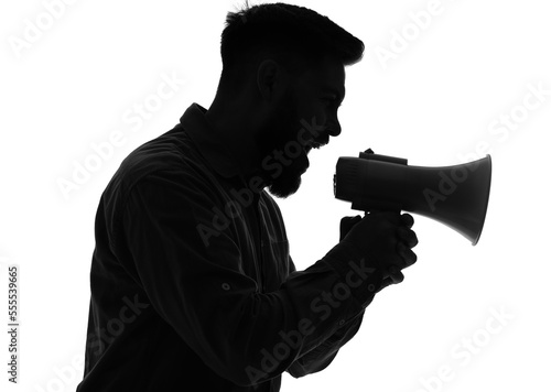 Silhouette of young man shouting into megaphone on white background