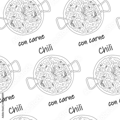 Seamless pattern from Chili con carne with beans and slices with lettering. Latin American food.