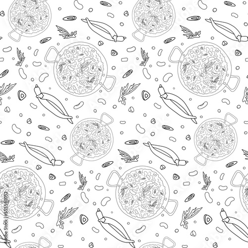 Endless pattern of chili con carne and chili pepper, vegetable slices and parsley leaves on backdrop