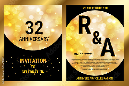 32th years birthday vector black paper luxury invitation double card. Wedding anniversary celebration brochure. Template of invitational for print black and gold background
