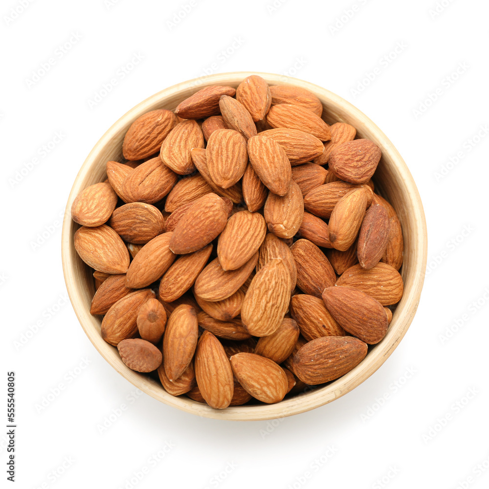 Bowl of tasty almonds on white background Bowl of tasty almonds on white background