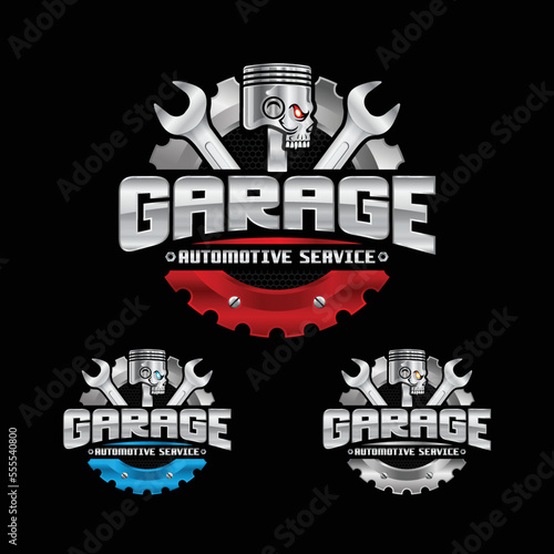 Automotive Garage Logo. Combination of automobile tools gear, piston, and wrench. Perfect logo for the automotive industry