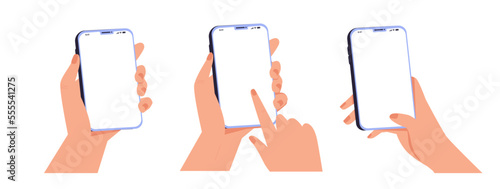 Female hand holding smartphone, empty screen, phone mockup, application on touch screen device. Vector illustration.