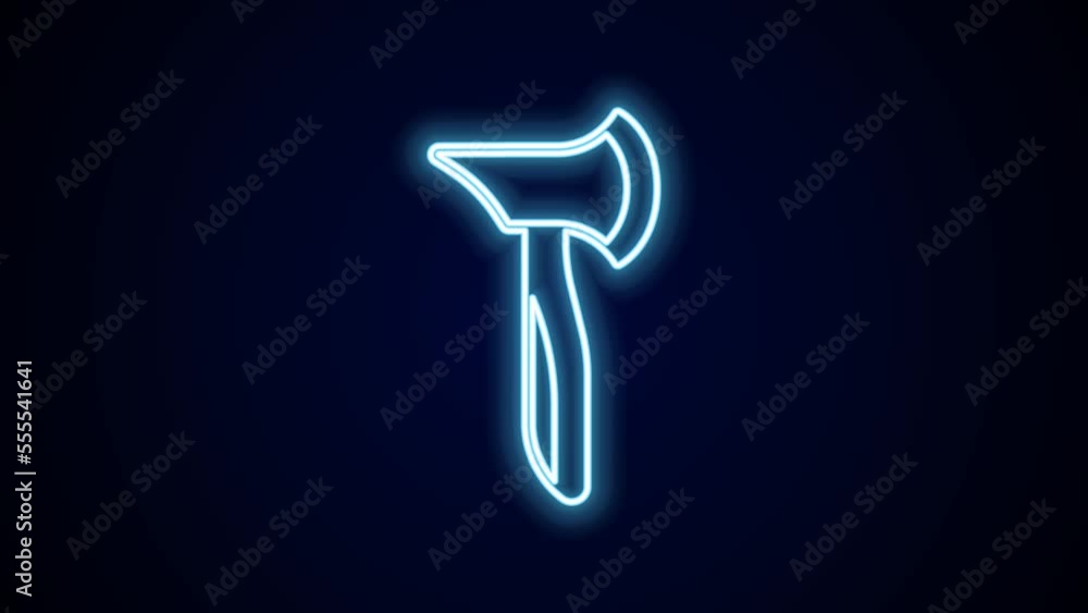 Glowing neon line Wooden axe icon isolated on black background. Lumberjack axe. 4K Video motion graphic animation Glowing neon line Wooden axe icon isolated on black background. Lumberjack axe. 4K Video motion graphic animation