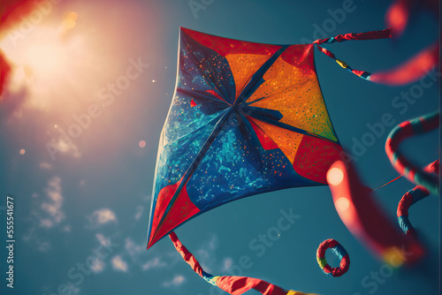Kite Parrot flying in the blue sky between clouds in concept for International Festival of Kites