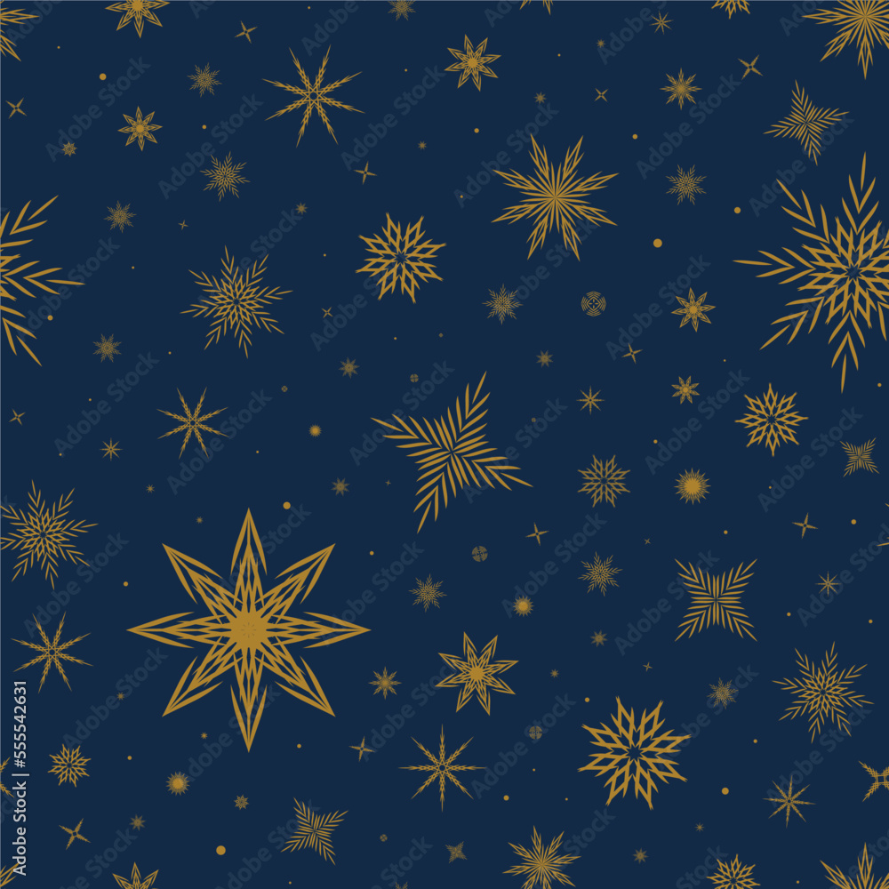 Seamless pattern with gold snowflakes and stars on a blue background. Holiday banner. Design mockup. New year texture. Festive concept. Paper template. Seamless pattern with gold snowflakes and stars on a blue background. Holiday banner. Design mockup. New year texture. Festive concept. Paper template.