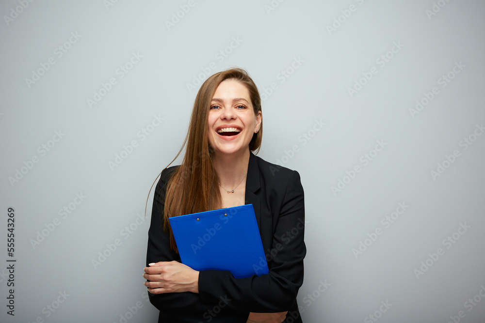 Woman lawywr holding blue clipboard or tablet. Isolated portrait with copy space. Woman lawywr holding blue clipboard or tablet. Isolated portrait with copy space.