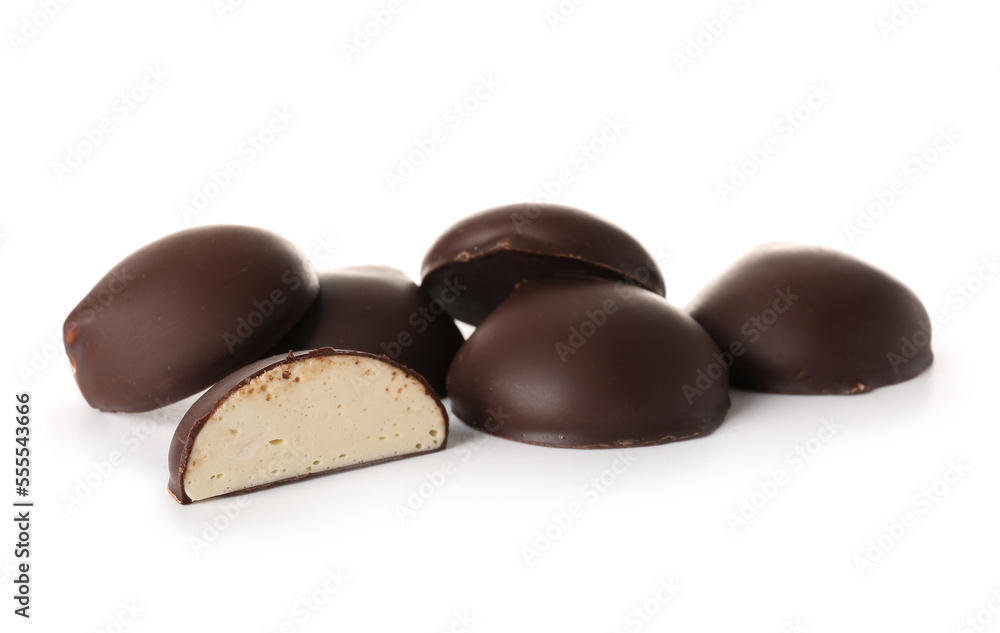 Heap of sweet bird's milk candies on white background Heap of sweet bird's milk candies on white background