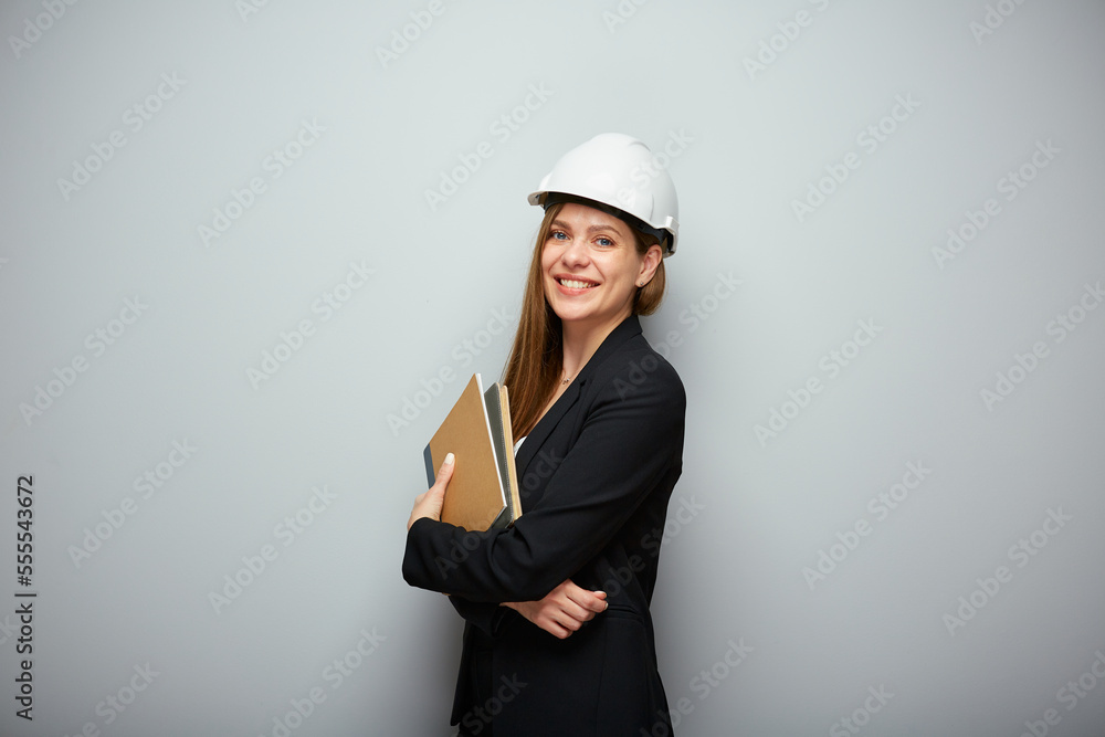 Woman student or teacher architect engineer profession holding book. Woman student or teacher architect engineer profession holding book.