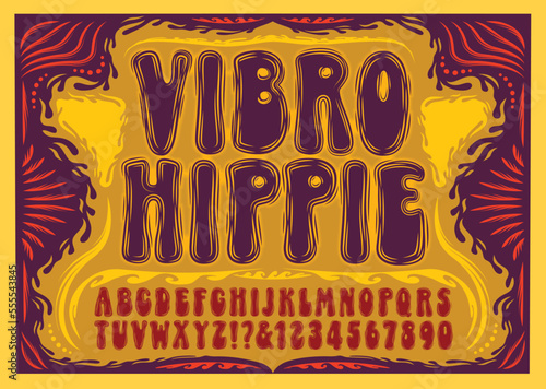 A psychedelic retro hippie alphabet design, with the effect of shimmering vibrations around the letters. Includes intricate 1960s style poster frame.