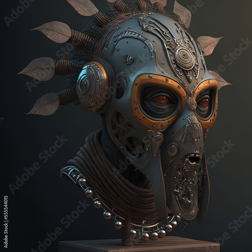 African mask display of a shaman mask of ethnic tribe from Africa, ancient realm mythology and tradition and culture. Afrofuturism concept. Black art. Generative ai