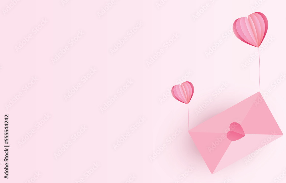Paper cut sweet pink envelope and heart. with copy space for design Valentine's day or love day background concept. Vector send a letter to a lover, couple