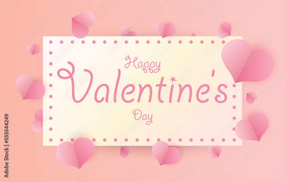 Minimal card Happy Valentine's Day. Paper-cut heart elements decorate greeting cards in sweet colors. vector illustration text on square paper frame Minimal card Happy Valentine's Day. Paper-cut heart elements decorate greeting cards in sweet colors. vector illustration text on square paper frame