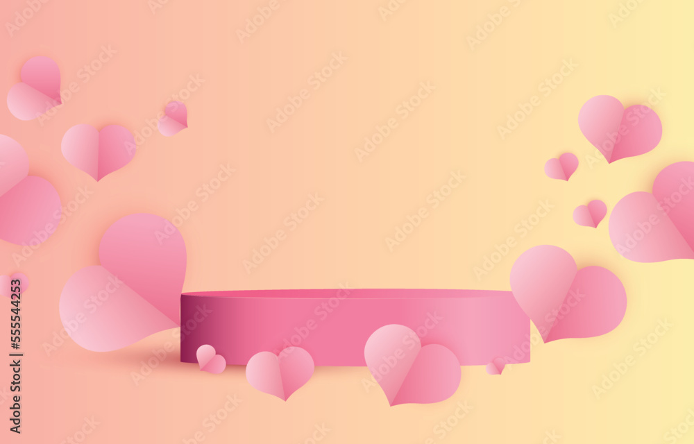 Valentine's day concept background. vector illustration podium decorated with free space. sweet and pink paper cut hearts with Round pedestal. Cute love sale banner or greeting card Valentine's day concept background. vector illustration podium decorated with free space. sweet and pink paper cut hearts with Round pedestal. Cute love sale banner or greeting card