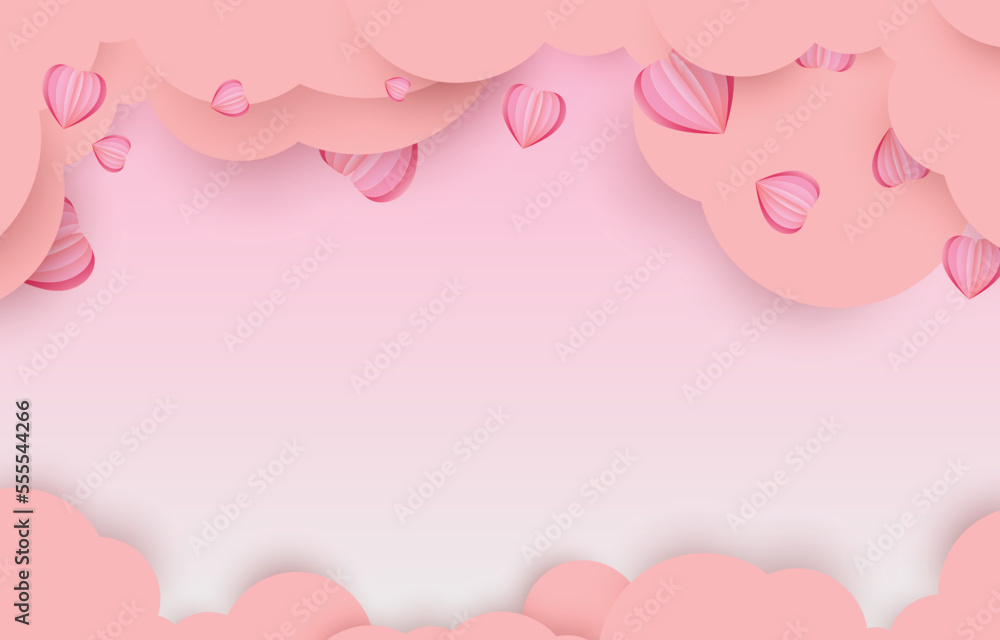 Valentine's day concept background. vector illustration frame decorated with clouds. sweet and pink paper cut hearts with copy space. Cute love sale banner or greeting card