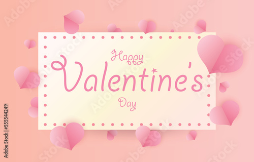 Minimal card Happy Valentine's Day. Paper-cut heart elements decorate greeting cards in sweet colors. vector illustration text on square paper frame