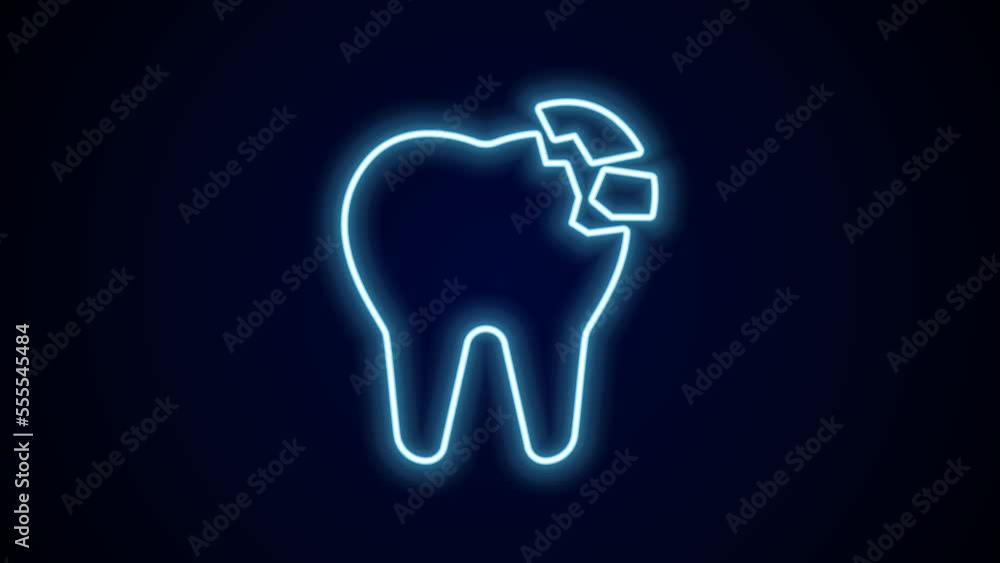 Glowing neon line Broken tooth icon isolated on black background. Dental problem icon. Dental care symbol. 4K Video motion graphic animation Glowing neon line Broken tooth icon isolated on black background. Dental problem icon. Dental care symbol. 4K Video motion graphic animation