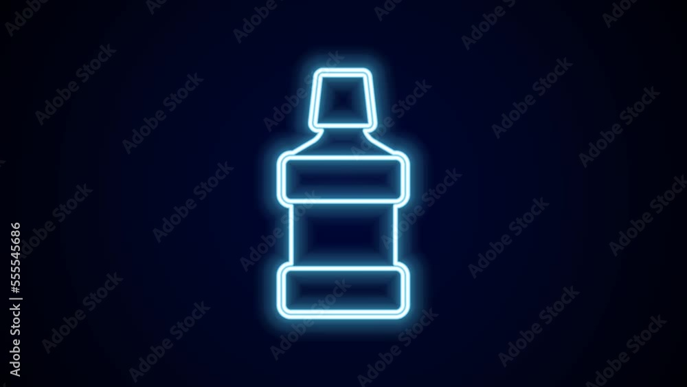 Glowing neon line Mouthwash plastic bottle icon isolated on black background. Liquid for rinsing mouth. Oralcare equipment. 4K Video motion graphic animation Glowing neon line Mouthwash plastic bottle icon isolated on black background. Liquid for rinsing mouth. Oralcare equipment. 4K Video motion graphic animation