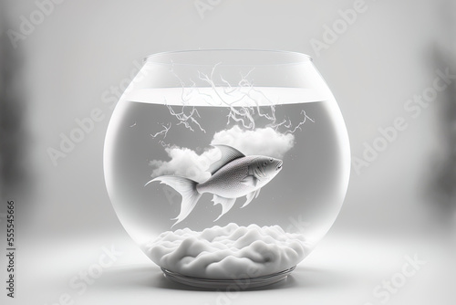 An illustration of a storm in a fishbowl on a white backdrop. taken using a 5D Mark III in a studio. Generative AI
