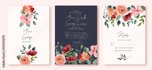 wedding invitation set with pretty flower watercolor frame