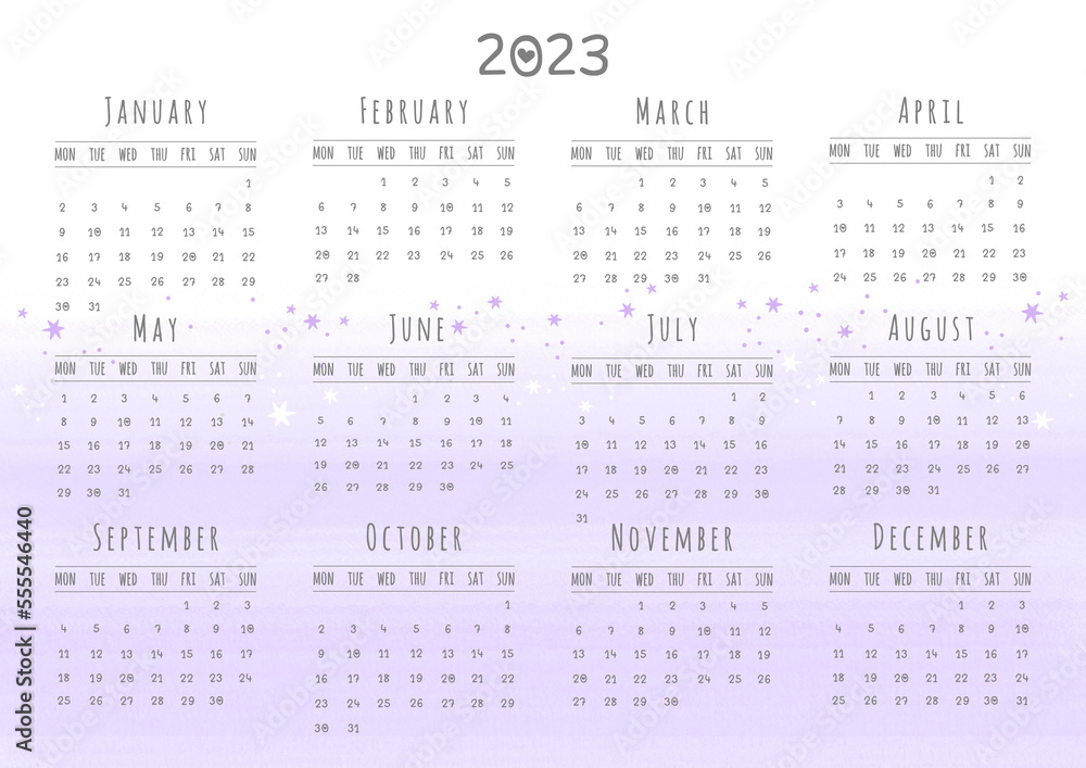 2023 Calendar Watercolor, Abstract, Pastel, Flower, Star Theme - Monday start
