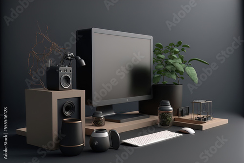 Wide angle Modern Desktop Stage Setup with Decorations. Modern Clay is the best material to use for mockups of user interfaces, desks, stages, sets, etc. Generative AI photo