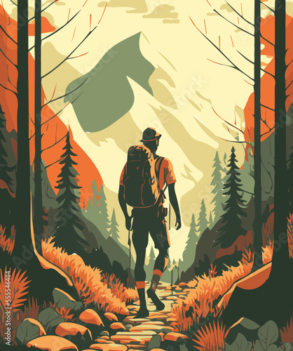 Athletic healthy lifestyle hiker leisurely enjoying the outdoors, natural landscape with trees, rocks, and foliage, exercising in nature. 