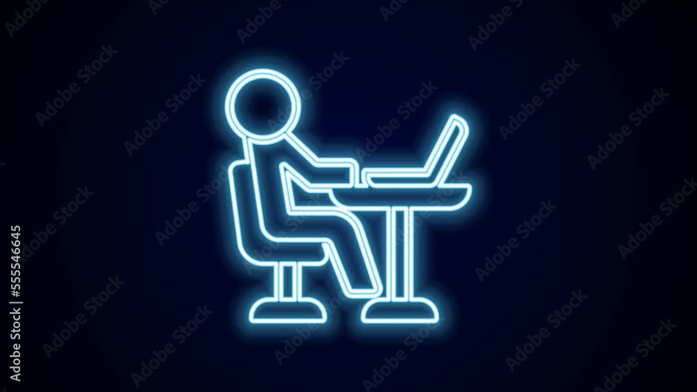 Glowing neon line Freelancer icon isolated on black background. Freelancer man working on laptop at his house. Online working, distant job concept. 4K Video motion graphic animation Glowing neon line Freelancer icon isolated on black background. Freelancer man working on laptop at his house. Online working, distant job concept. 4K Video motion graphic animation