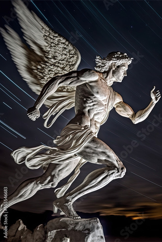 Hermes messenger of the gods speeding across the sky Long exposure shot. Greek mythology -Generative ai