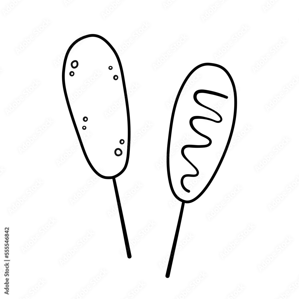 Two corn dogs. Sausage covered with a layer of cornmeal dough and deep-fried. Asian street food. Doodle sketch style. Vector illustration isolated on white background. Two corn dogs. Sausage covered with a layer of cornmeal dough and deep-fried. Asian street food. Doodle sketch style. Vector illustration isolated on white background.