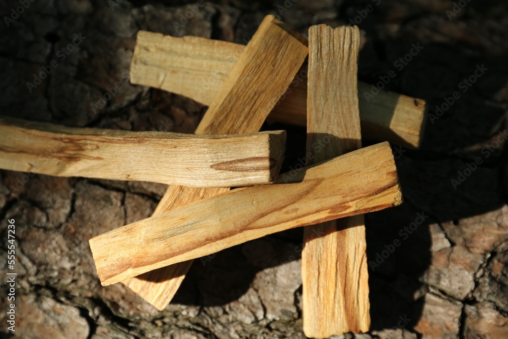 Palo santo sticks on tree bark, top view Palo santo sticks on tree bark, top view