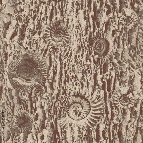 vector seamless pattern background with sea stone texture with imprints of shells of ancient ammonite shells. Suitable for wallpaper design, wrapping paper, fabric