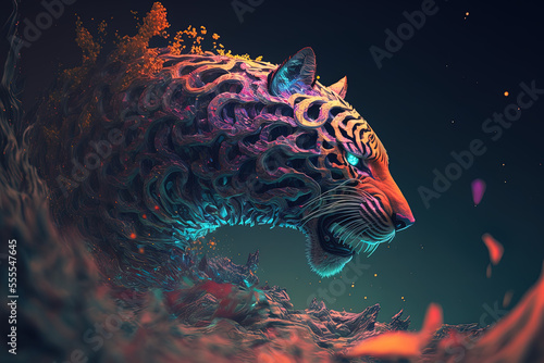 tiger head with creative abstract elements on Vibrant colorful background. Orange and teal color scheme