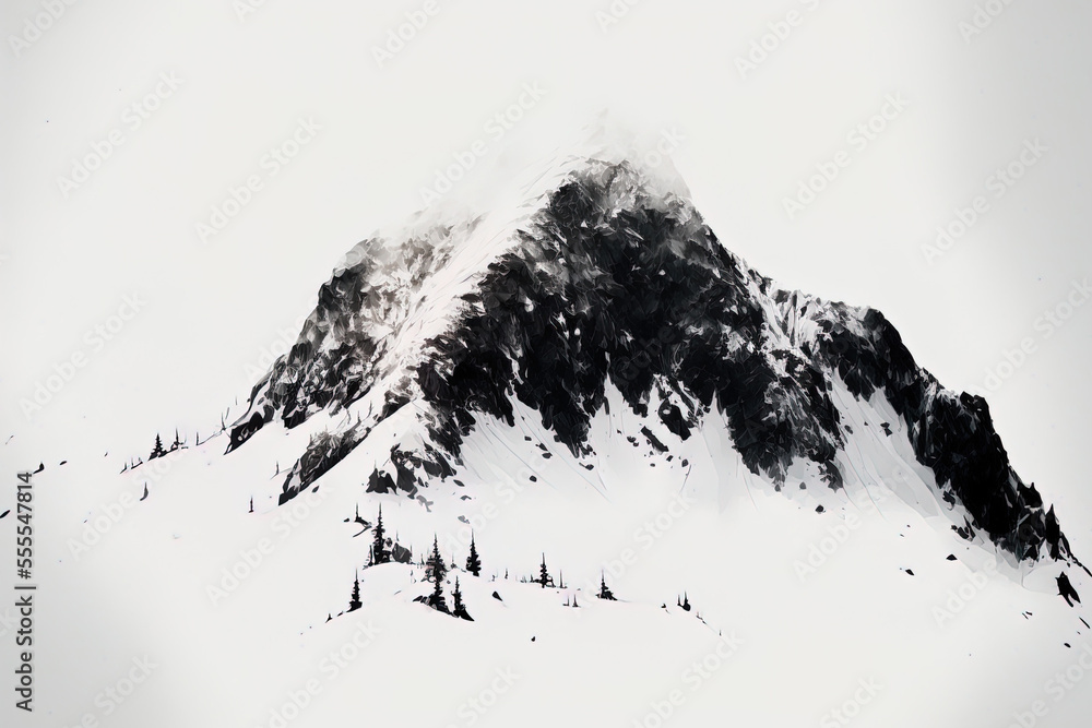 Snow covered mountains with a solitary white background. Generative AI