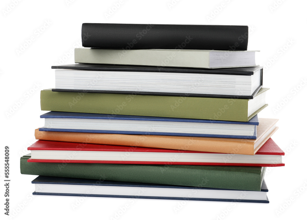 Many different books stacked on white background Many different books stacked on white background