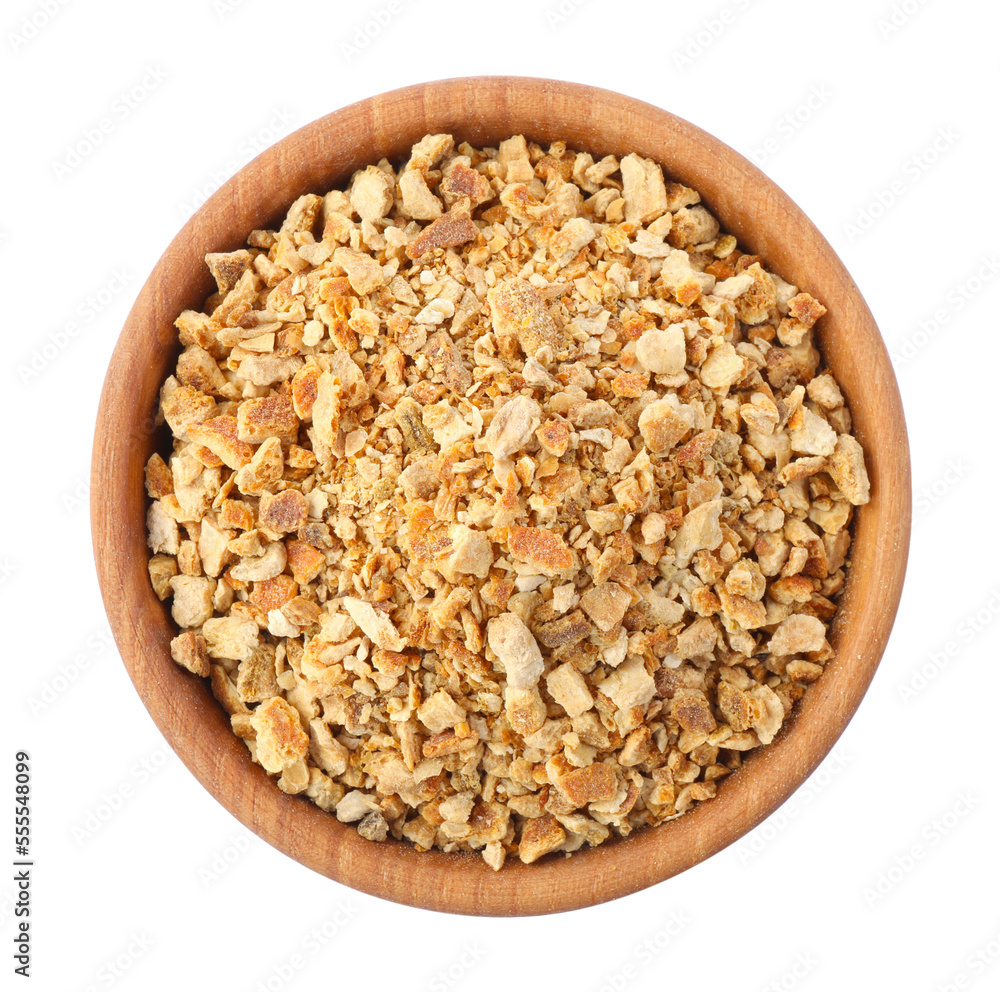 Bowl of dried orange zest seasoning isolated on white, top view Bowl of dried orange zest seasoning isolated on white, top view