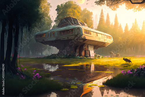Fototapeta Naklejka Na Ścianę i Meble -   spaceship crashed on the ground in a futuristic dreamscape lush forest. Science fiction space battle war scene. SCIFI ART
